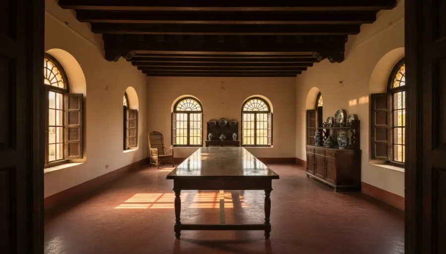 Dim ancestral hall with dark wooden beams, rosewood table and shell-paned shutters in a Goan mansion
