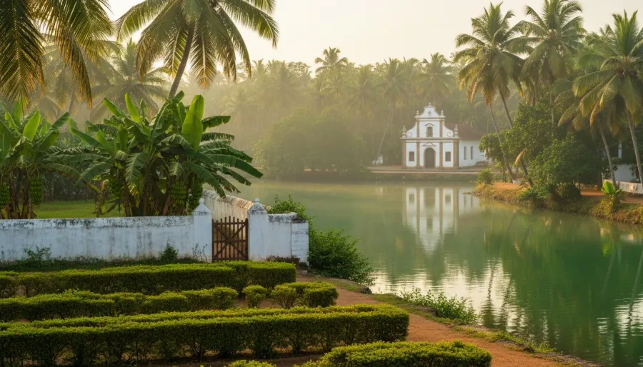 Garden on a green riverbank in Quepem with a small whitewashed church across the water among palms
