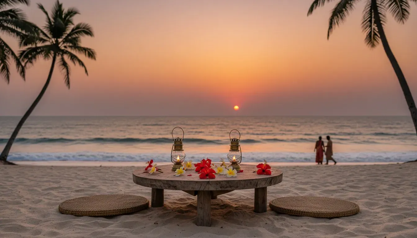 A candlelit beach table with cushions and brass lanterns arranged on the sand facing the ocean at sunset in Goa.