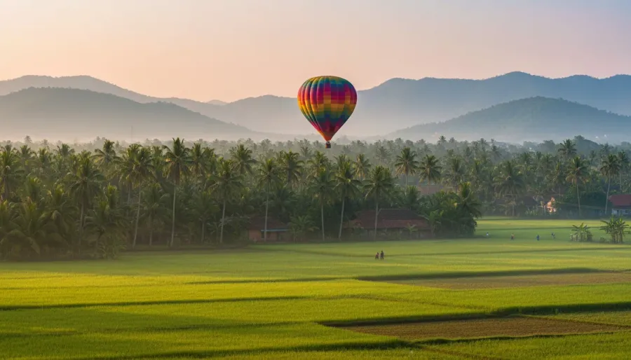 A hot air balloon drifting over mist-covered green paddy fields and coconut groves in South Goa at dawn.