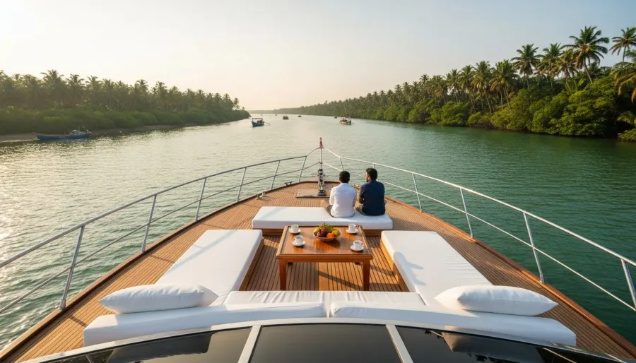 Teak deck of a private boat cruising down a calm, palm-fringed Goan river estuary in late afternoon sunlight.