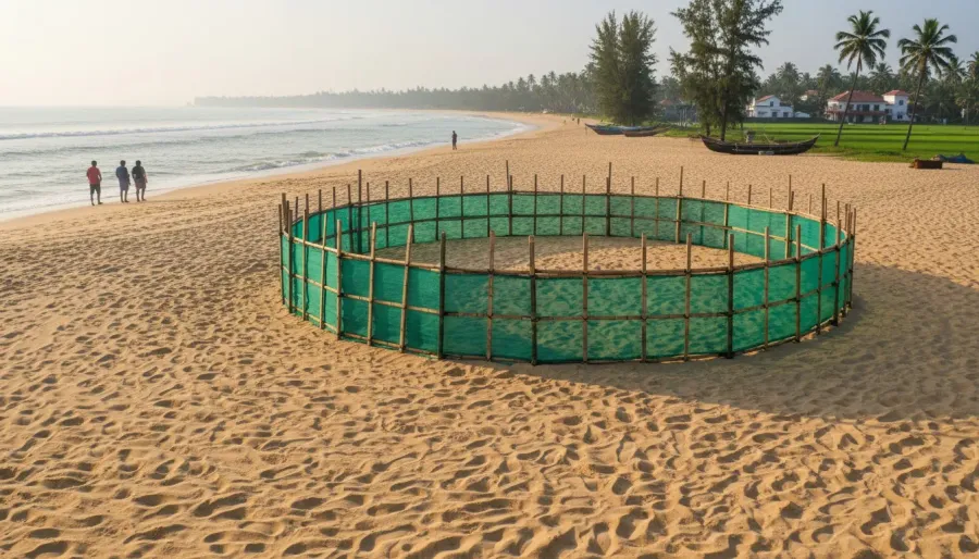 Protected sea turtle nesting enclosure with bamboo poles on a tranquil Goan sand beach at dawn.