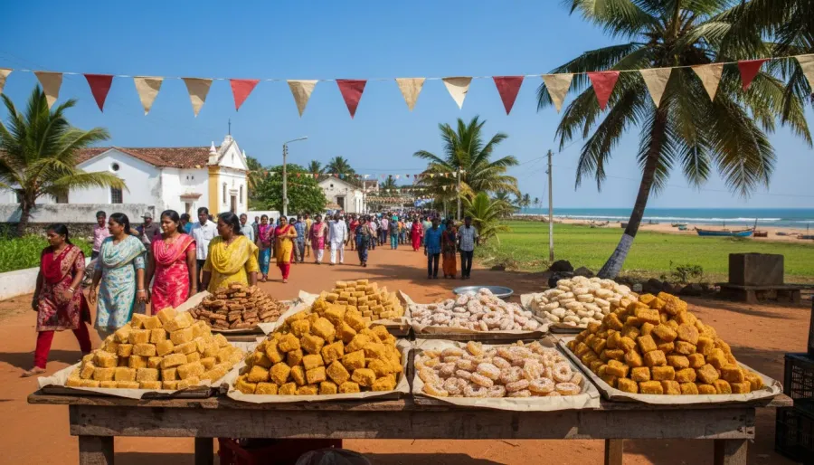 Open-air fair stall displaying golden Goan khaje sweets and traditional snacks under festive paper flags.