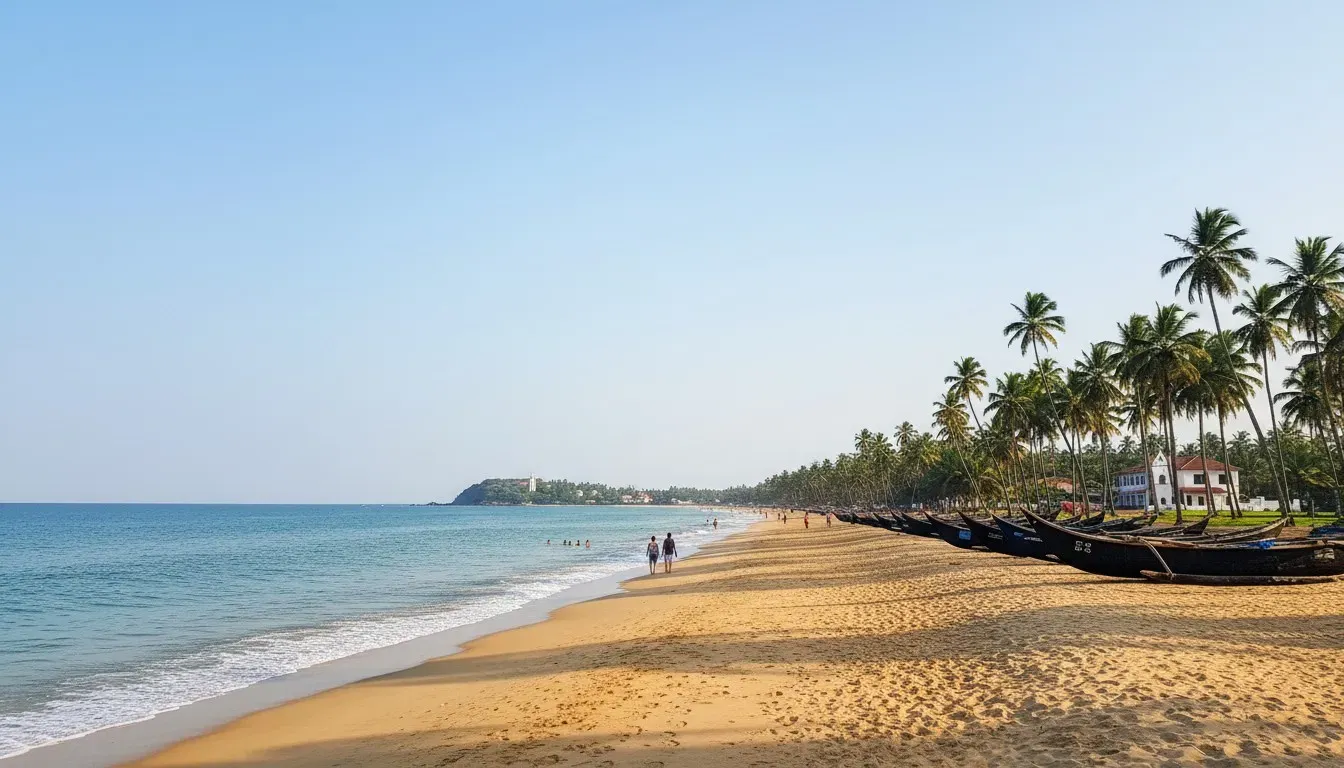 Wide view of calm turquoise waves washing onto a broad golden sand beach in Goa under a clear winter sky.