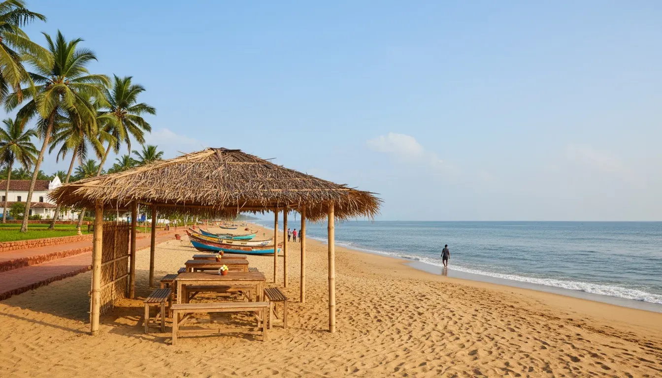 A newly opened bamboo and palm-thatched beach shack on golden sand facing a calm morning sea in Goa.