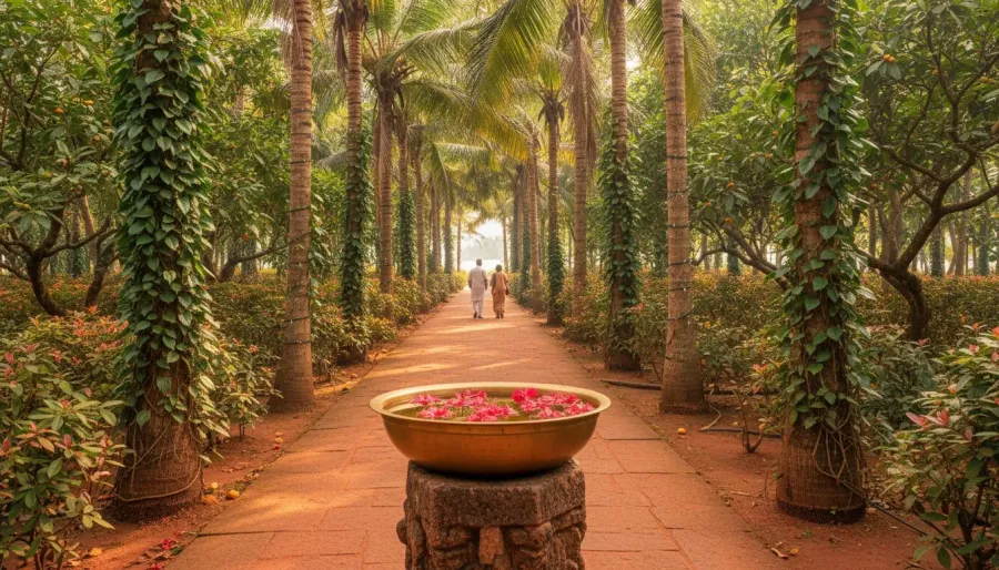 A stone pathway inside a Goan spice plantation lined with betel nut palms and black pepper vines.