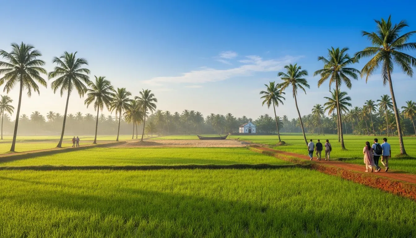 Vivid post-monsoon green rice paddies and distant coconut palms under clear October morning skies in Goa.