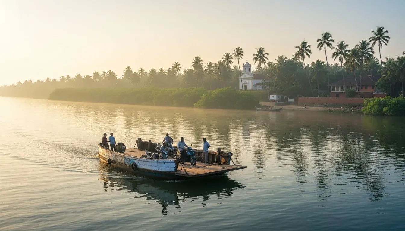 A Goan river ferry carrying scooters across a calm river lined with coconut palms and mangroves at sunrise.