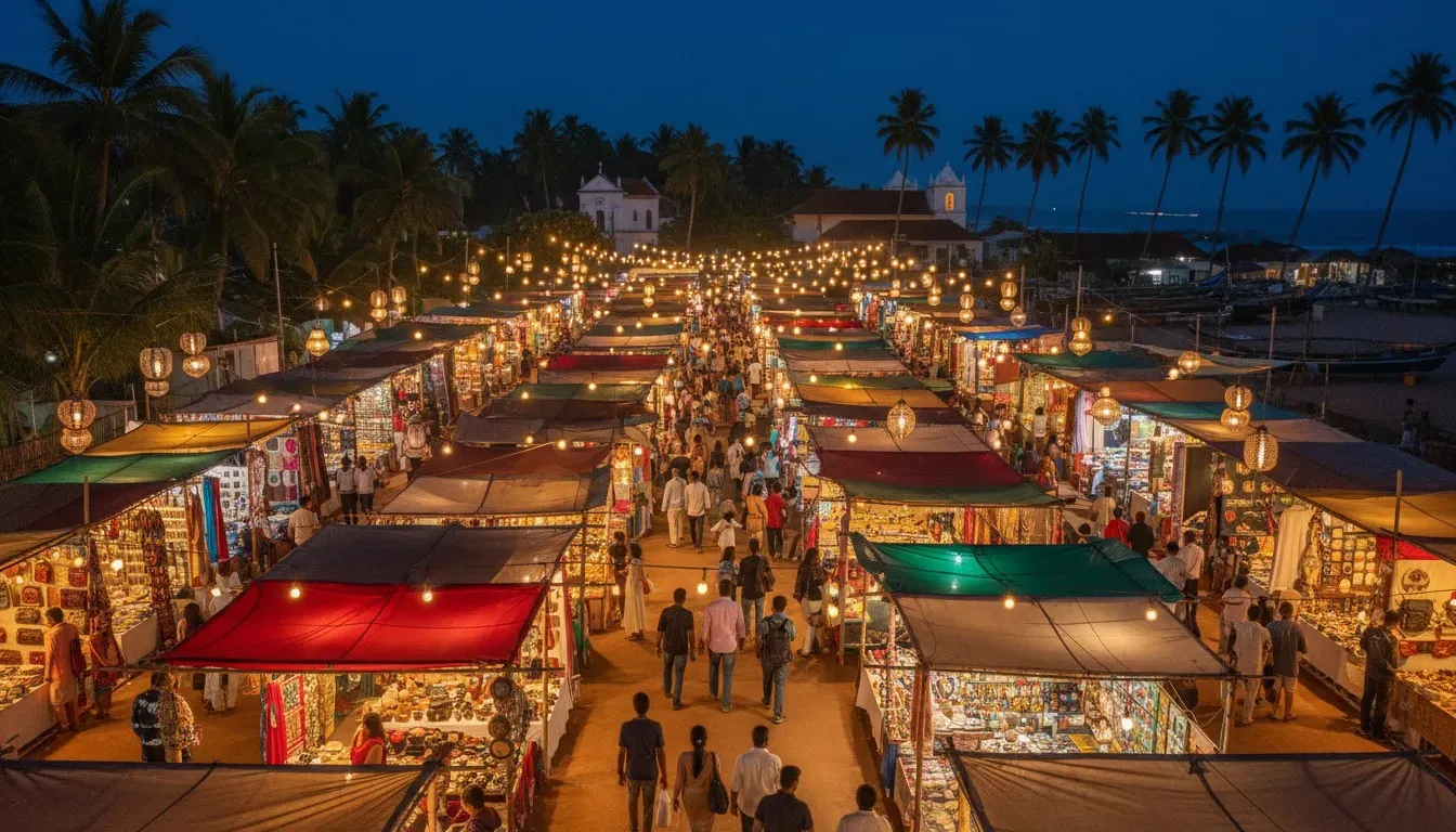 Bustling open-air Goan night market illuminated by crisscrossing festoon fairy lights and lanterns.
