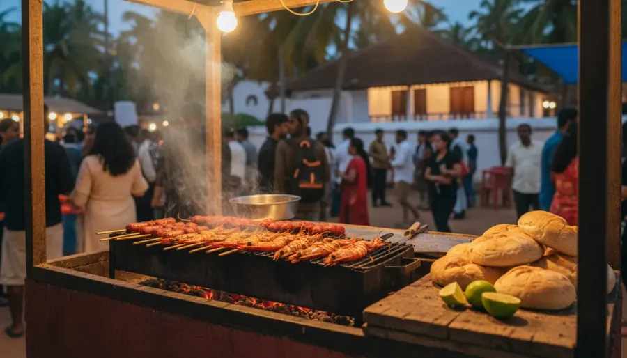 Goan choris sausages and fresh seafood grilling over charcoal at an illuminated night market food counter.