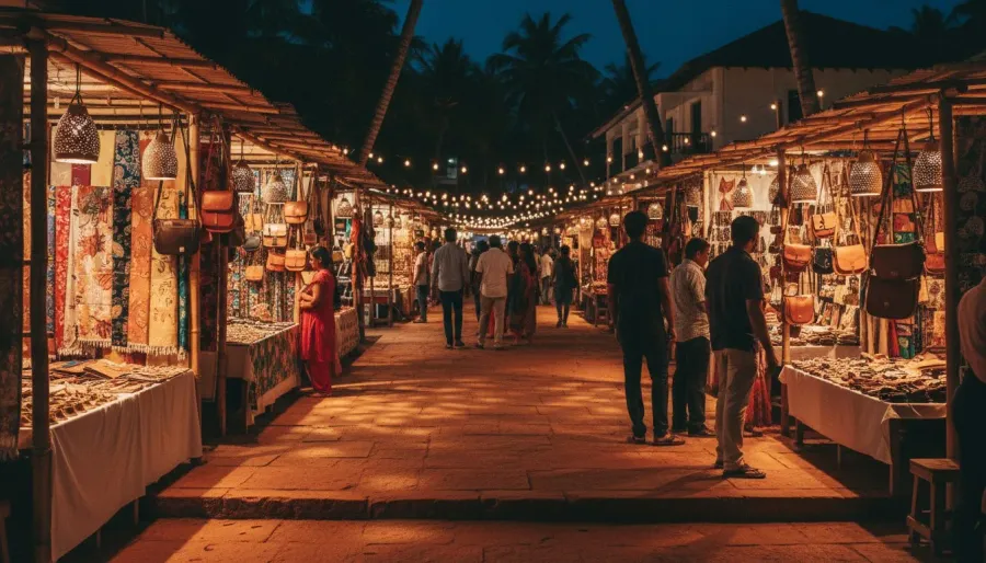 Artisan craft stalls illuminated by glowing hanging lanterns and fairy lights along a terraced night pathway.