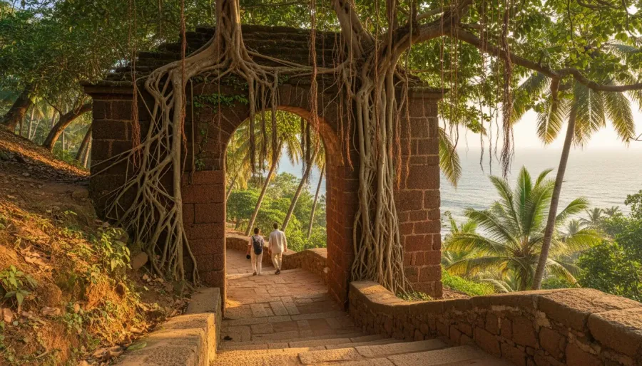 Ancient weathered red laterite stone archway and stairway on a tropical hillside overlooking the coast.