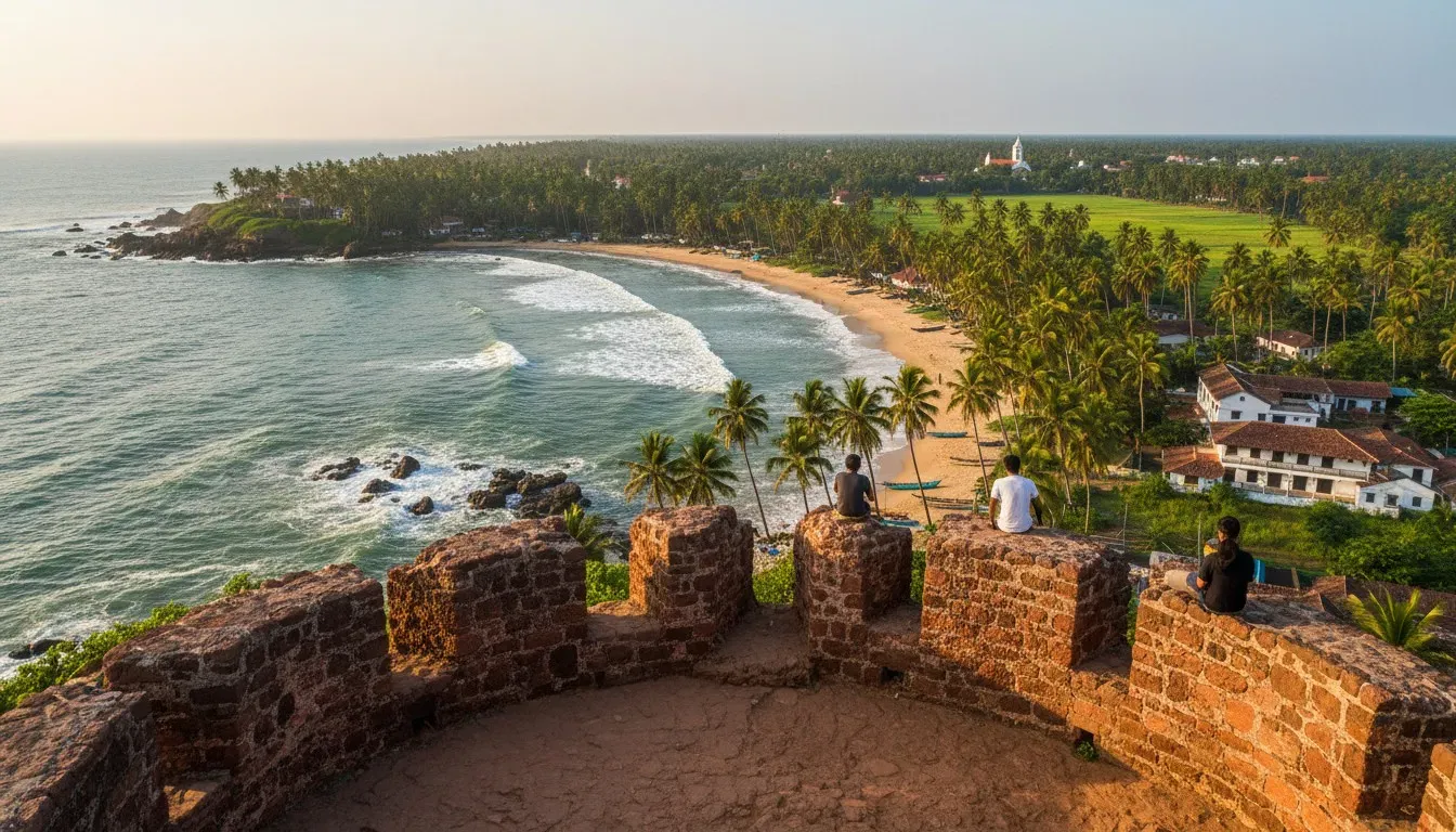 Aged red laterite stone fortification rampart overlooking palm-fringed bays and the Arabian Sea in Goa.