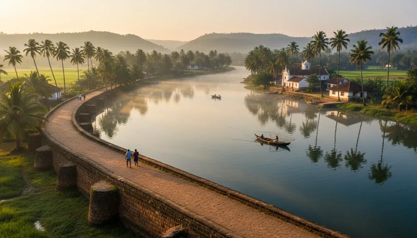 Elevated panoramic view of Goan tidal backwaters, tiled heritage homes, and palm-covered hills at sunrise.