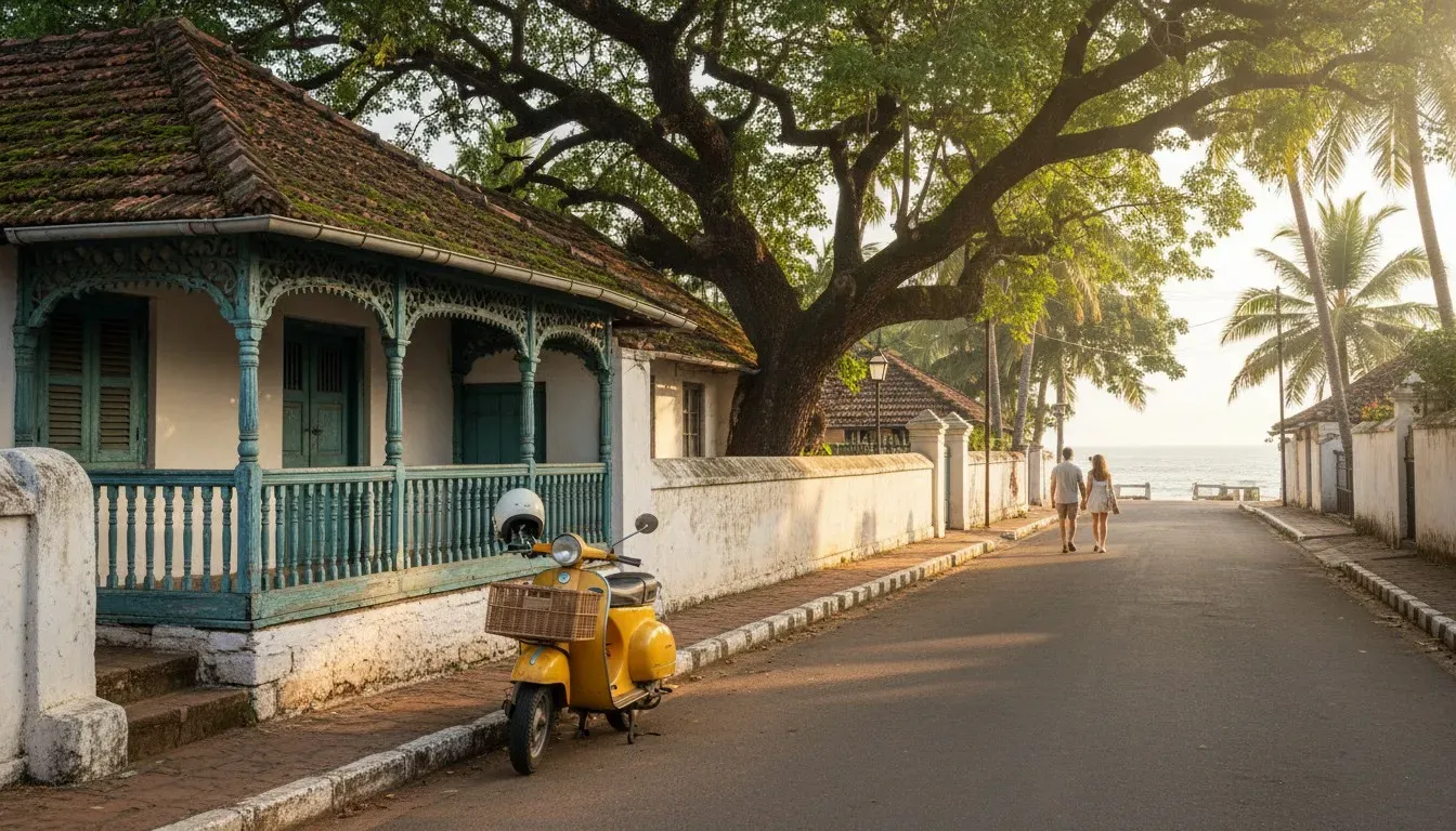 A parked scooter on a quiet street bordered by a traditional yellow-walled Goan house in morning light.