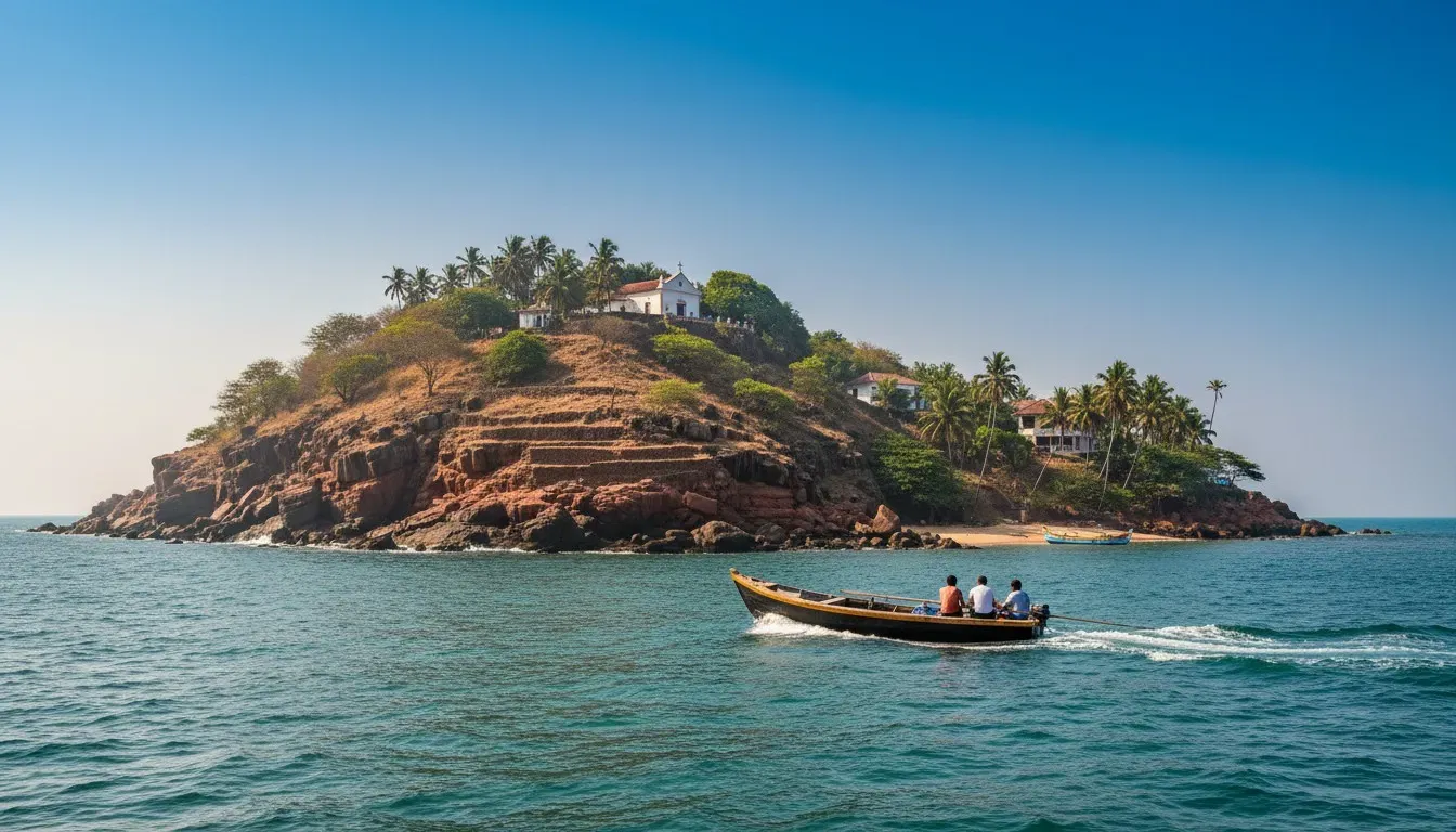 Rugged, tree-covered rocky island rising from the blue-green Arabian Sea under bright morning skies.
