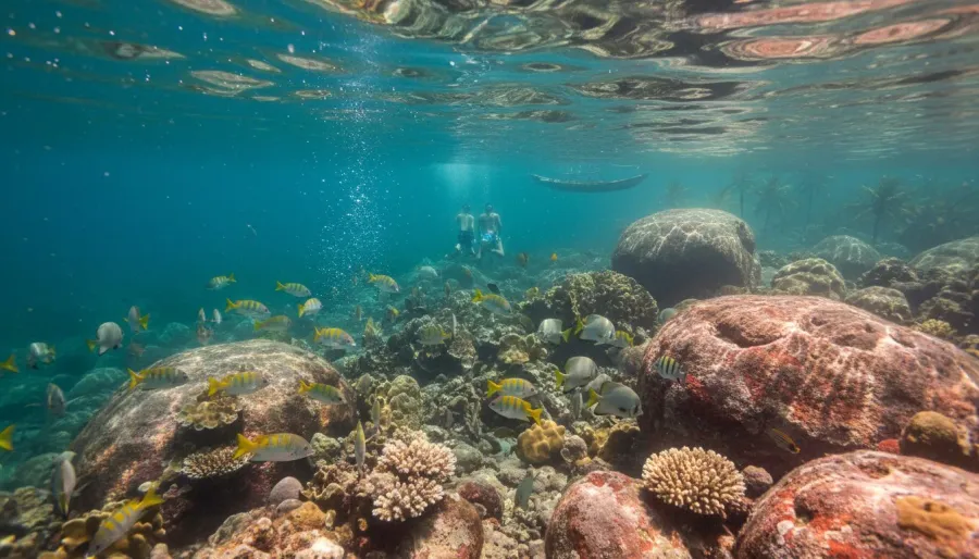 Underwater view of sunlight filtering through green-blue water onto reef fish and rocky sea floor.
