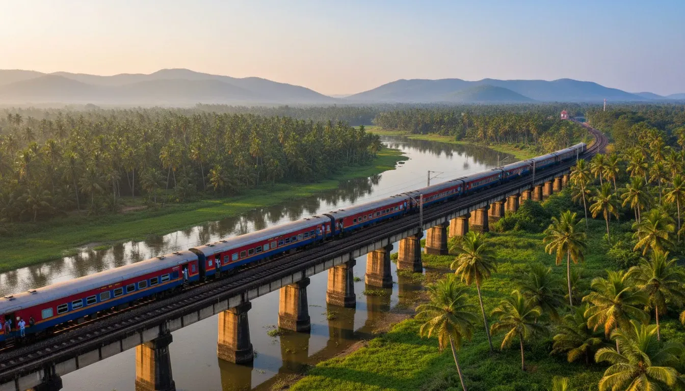 A passenger train crossing a river bridge surrounded by coconut palms and green hills in rural Goa.