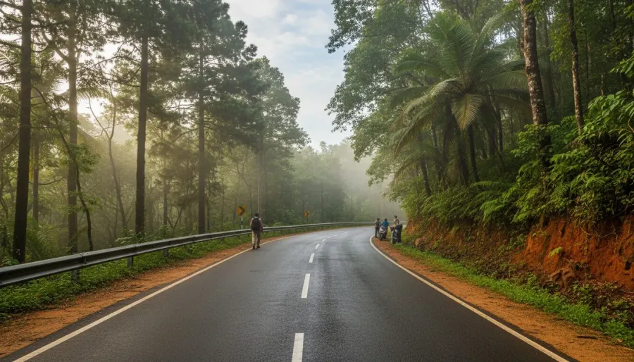 A curving paved mountain highway surrounded by dense misty jungle foliage in the Western Ghats.