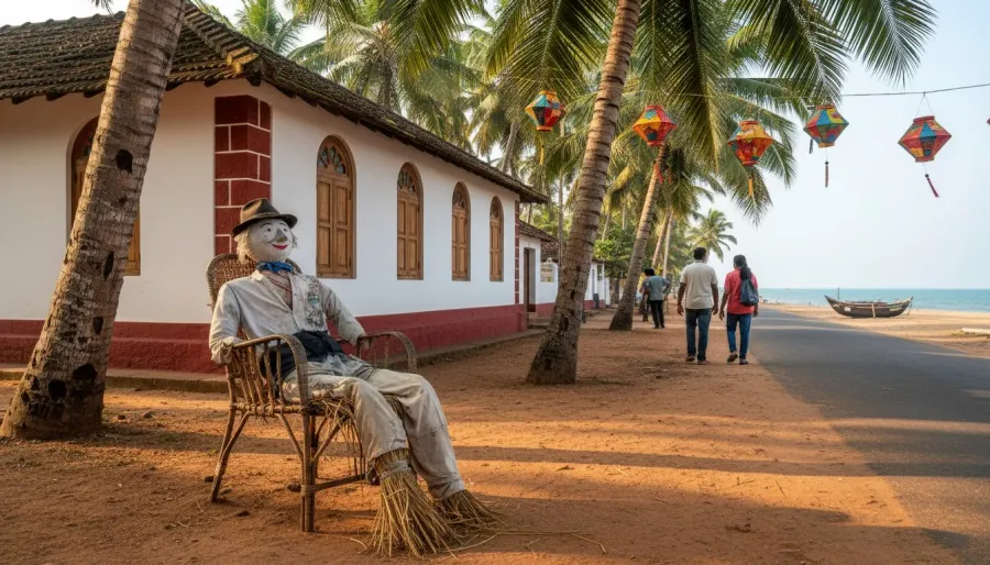 Handmade straw Old Man effigy sitting in a wicker chair outside a traditional Goan tiled house in late afternoon.