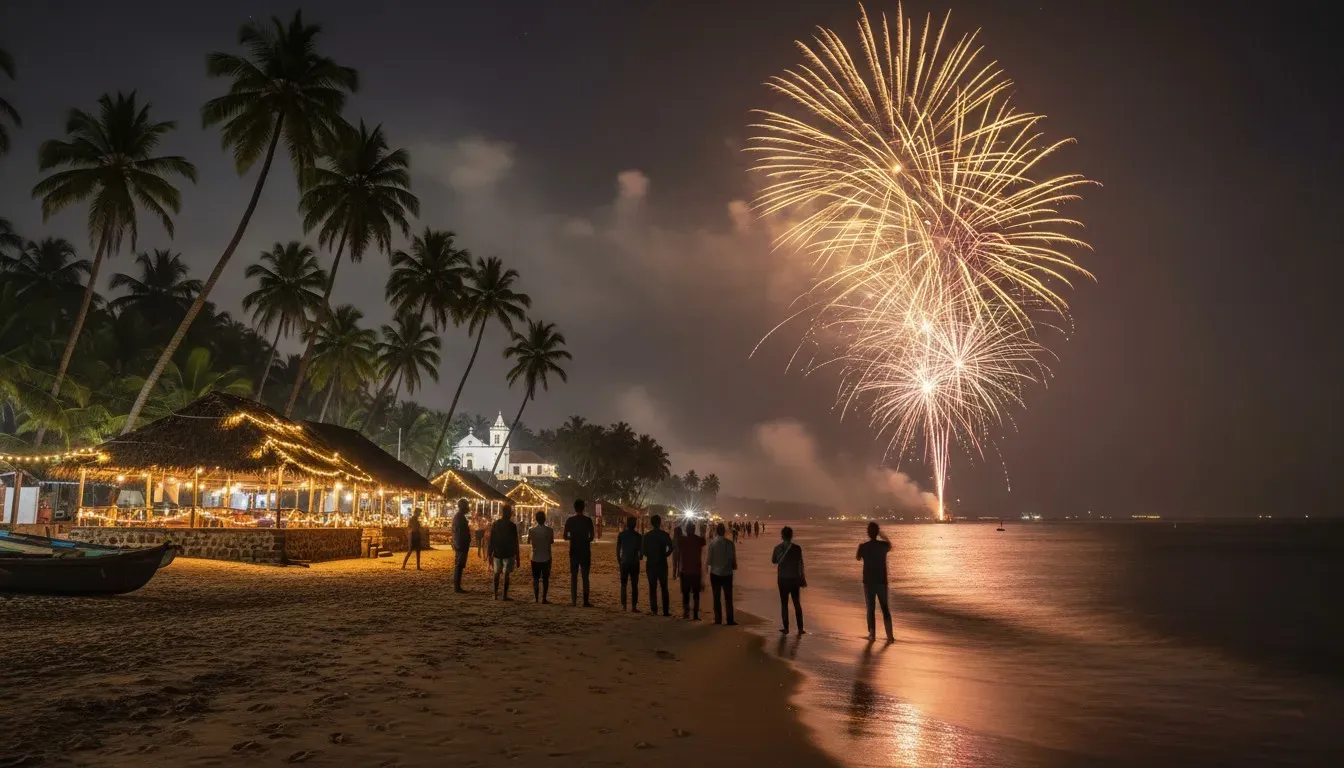 Silhouetted crowds on a Goan beach watching golden fireworks erupt over the Arabian Sea at midnight.