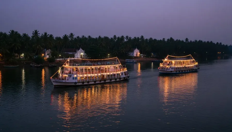 Illuminated evening cruise boats with festive fairy lights reflecting across the dark waters of the Mandovi River.
