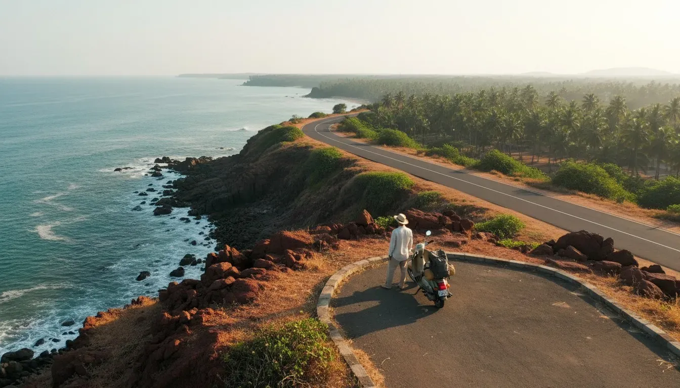Traveler resting beside a scooter at a cliffside roadside viewpoint overlooking the North Goa sea and coast.