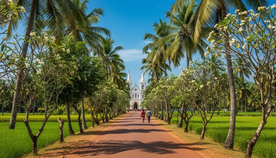 Sunlit village road passing green paddy fields and palm trees with whitewashed church spires in the distance.