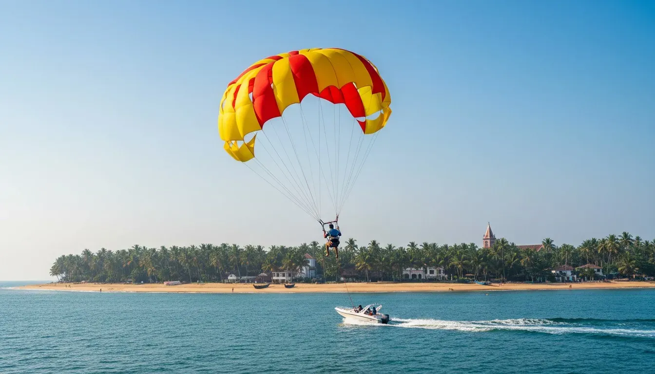 A colorful parasail parachute aloft over the turquoise Arabian Sea with a speedboat below off the Goa coast.