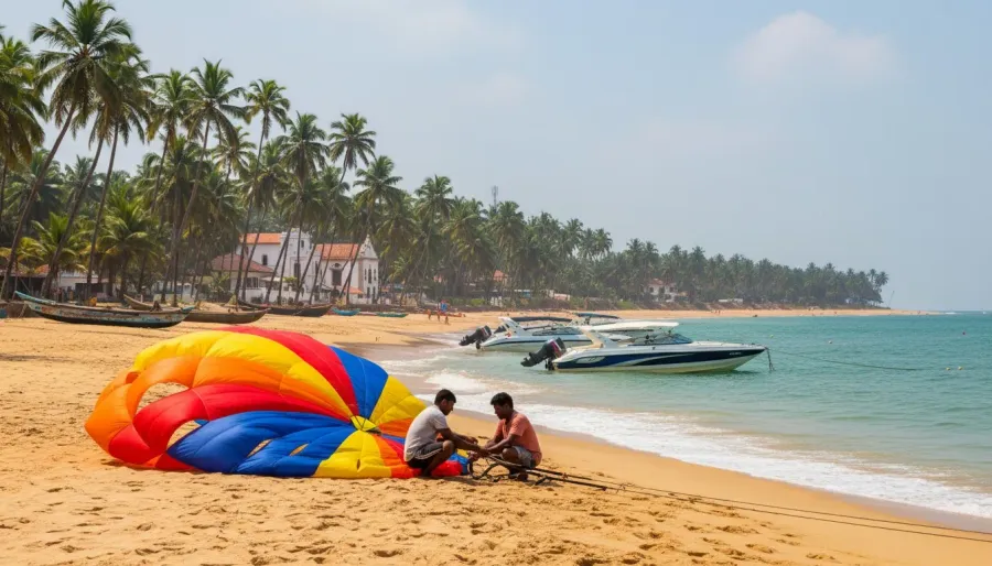 Parasail parachute and safety harnesses laid out on a sandy Goan beach with speedboats idling in the gentle surf.