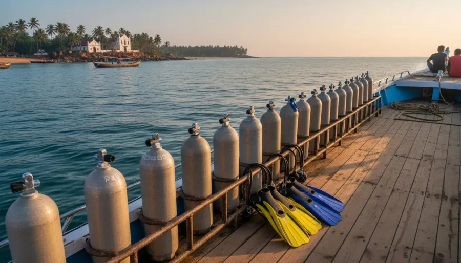 Rows of scuba diving tanks and snorkeling fins strapped to the wooden deck of a dive boat cruising across open coastal water.