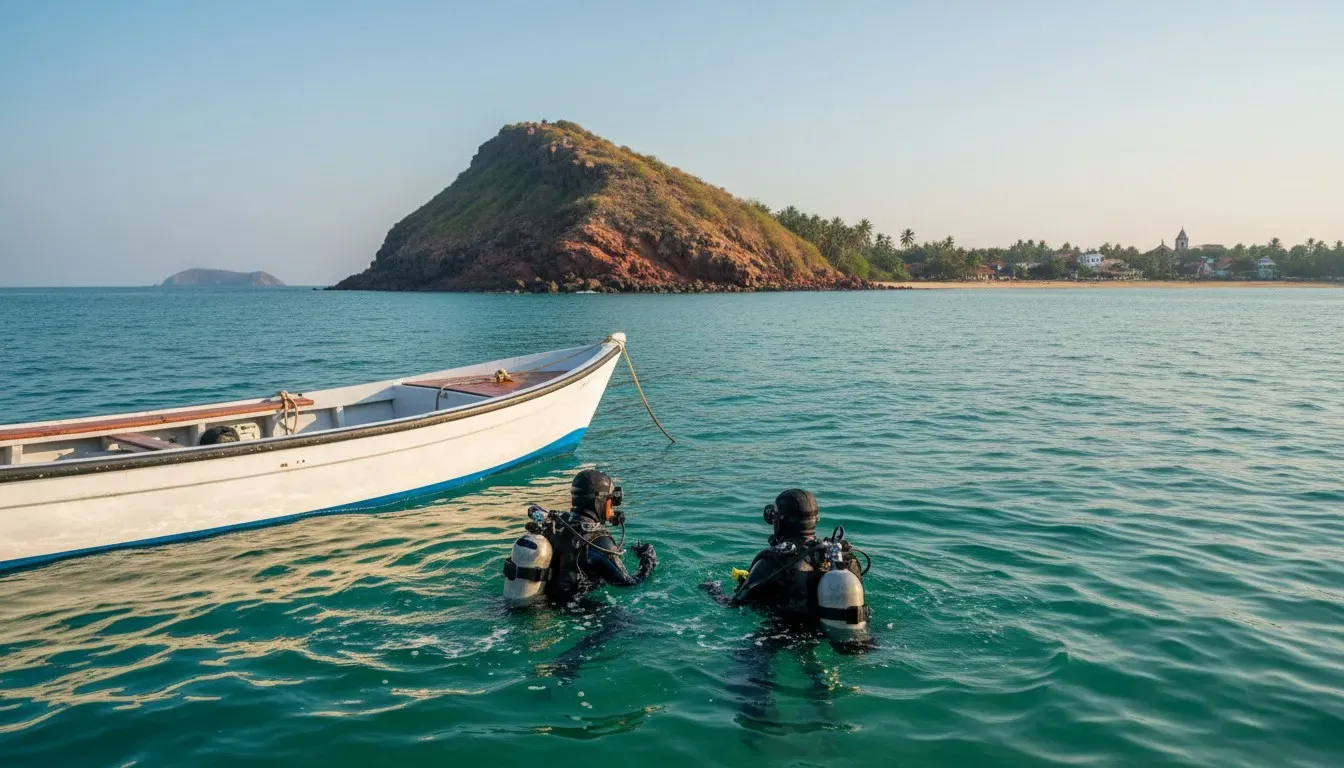 Scuba divers floating in calm green ocean water beside a dive boat near a rocky island off the Goa coast.
