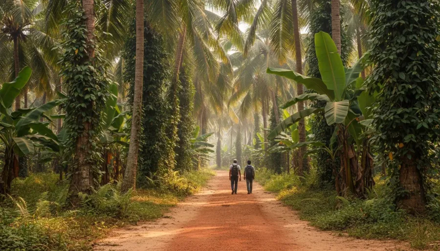 Narrow pathway winding through tall betel palms and leafy black pepper vines in a South Goan spice plantation.