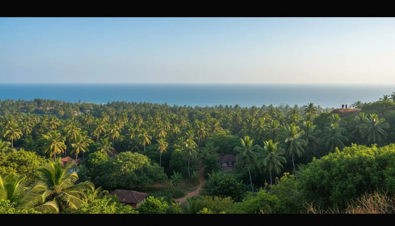 Panoramic view from a South Goan hillside across dense palm forests stretching toward the sunlit Arabian Sea.