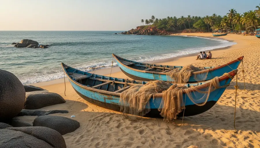 Traditional wooden fishing boats resting on a golden sand beach beside granite rocks in South Goa during late afternoon.