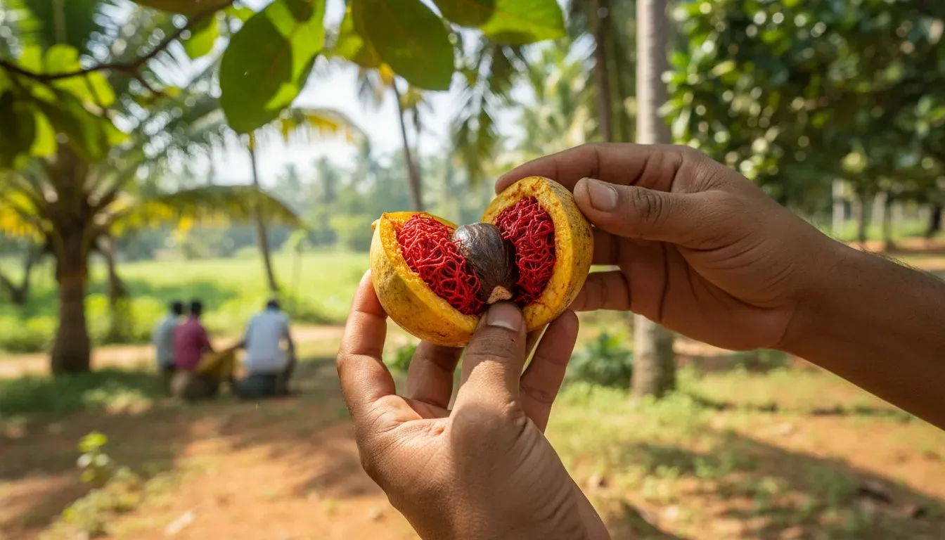 A guide holding open a fresh yellow nutmeg fruit showing the bright red mace inside at a Goan spice estate.