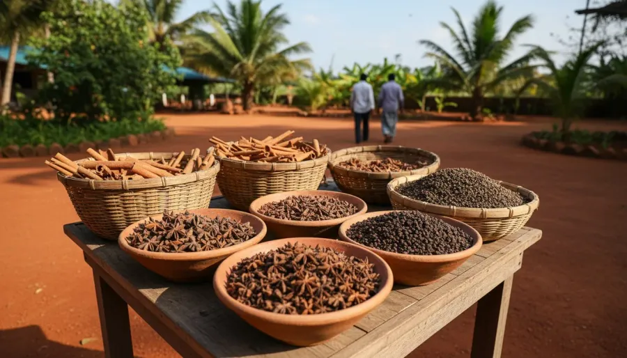 Woven cane baskets filled with dried cinnamon quills, cloves, and black peppercorns outdoors at a spice estate.