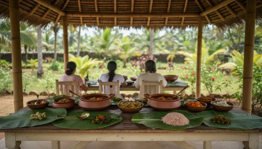Traditional Goan buffet lunch served in terracotta clay pots with banana leaf plates in an open-air plantation pavilion.