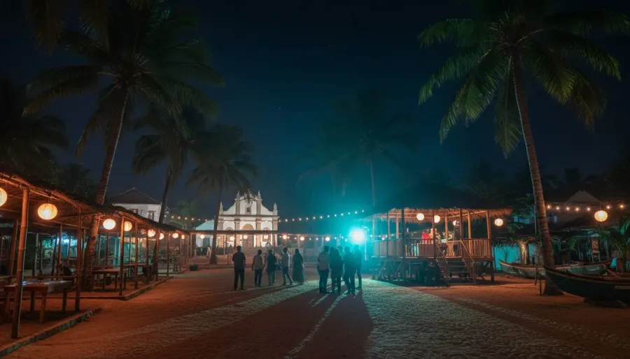 Outdoor nightlife lounge illuminated with colourful ambient lights beneath tall palm trees at night in Goa.