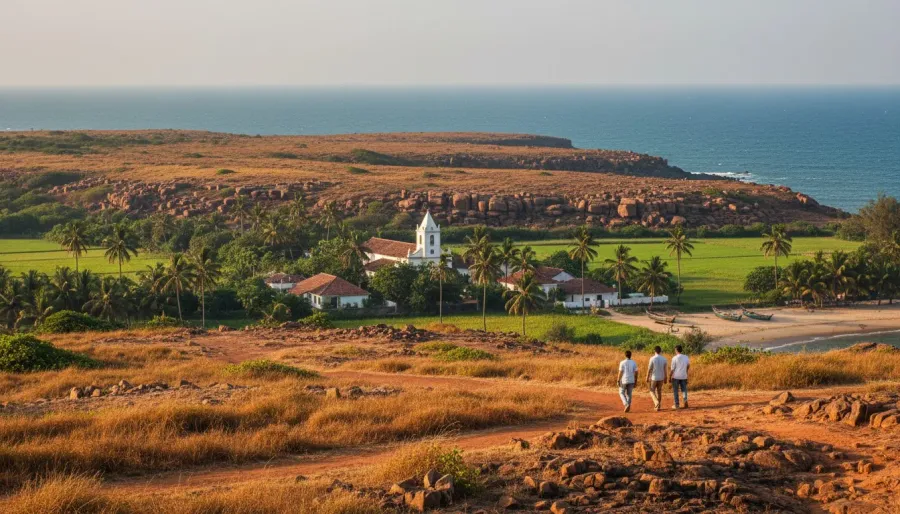 Wide view of an open red laterite coastal plateau in North Goa under warm late afternoon sunlight.