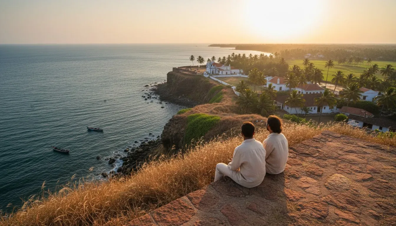 Couple sitting on weathered red laterite ramparts overlooking the Arabian Sea during a golden sunset.