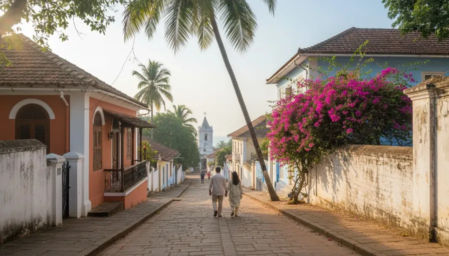 Narrow heritage lane with brightly painted colonial houses and bougainvillea in morning light.