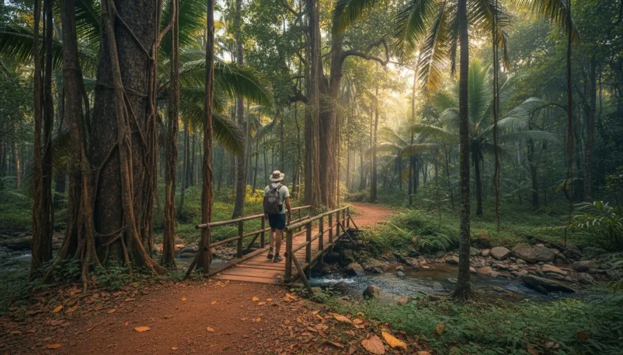 Trekker crossing a rustic log footbridge over a jungle stream beneath towering tropical trees.