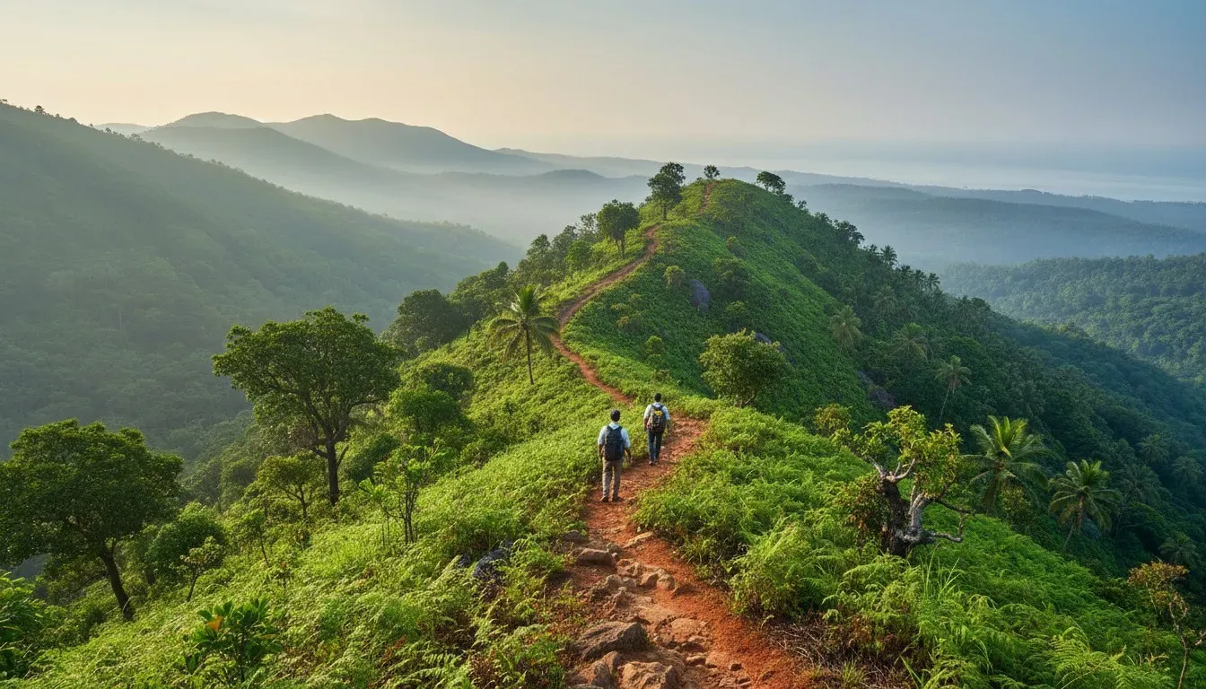 Two hikers walking along a narrow dirt ridge trail across mist-covered green mountain slopes.