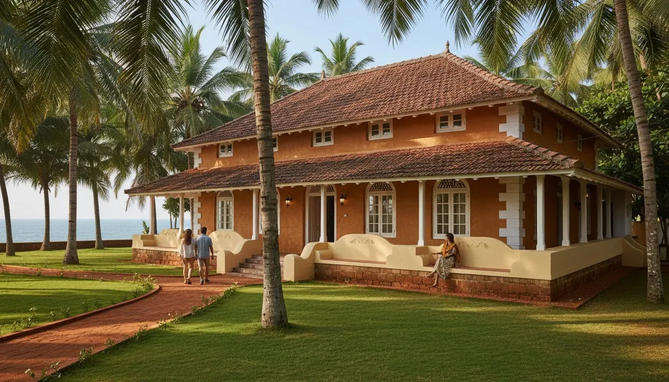 Ochre Goan heritage villa with a terracotta-tiled roof and traditional pillared veranda surrounded by coconut palms.
